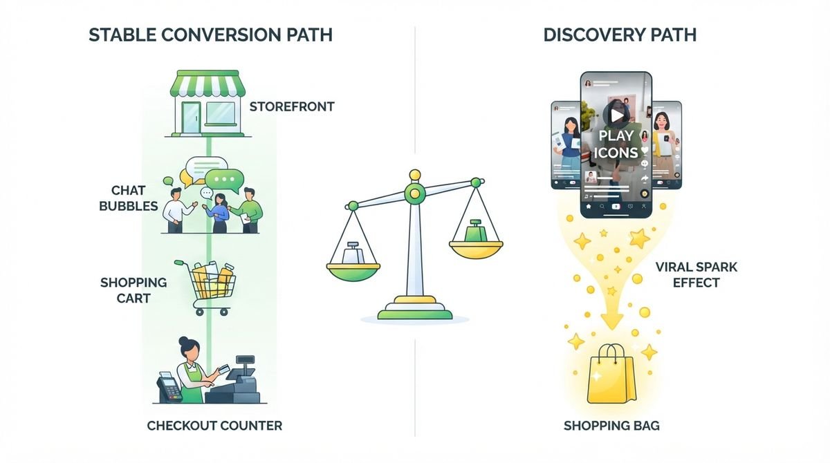 Perbandingan jalur konversi Meta Ads yang stabil versus jalur discovery viral TikTok Ads
