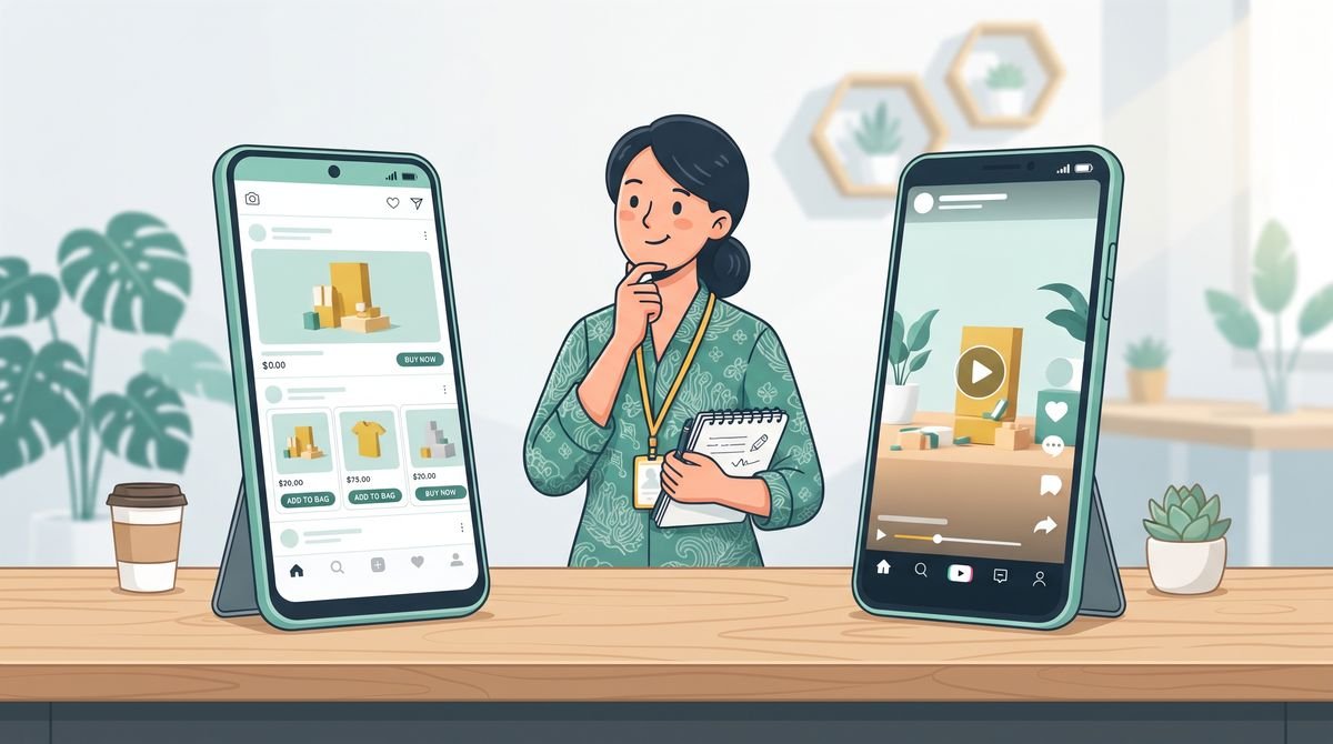 Pemilik UMKM membandingkan tampilan Meta Ads dan TikTok Ads di dua ponsel