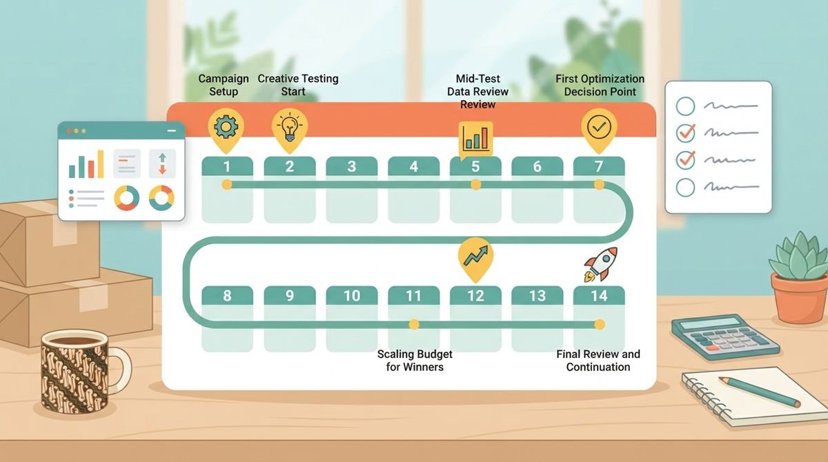 Timeline rencana uji Meta Ads dan TikTok Ads selama 14 hari, dari setup campaign sampai scaling budget