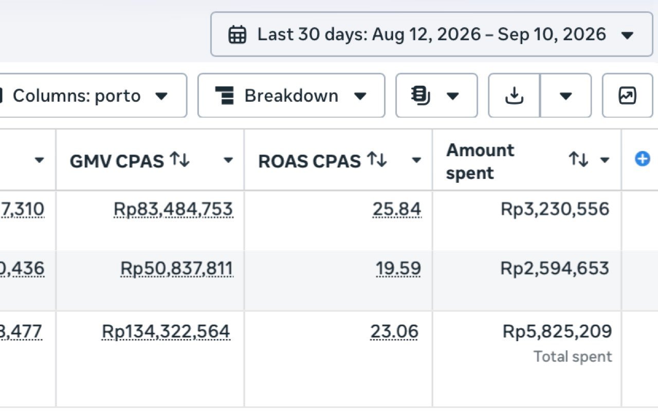 Dashboard Meta Ads klien fashion: ROAS 23x dalam 30 hari